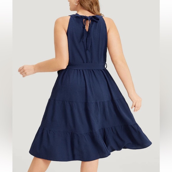 BloomChic Plus Size 4XL Solid Knot Halter Pocket Belted Ruffles Tiered Hem Dress - Picture 2 of 8
